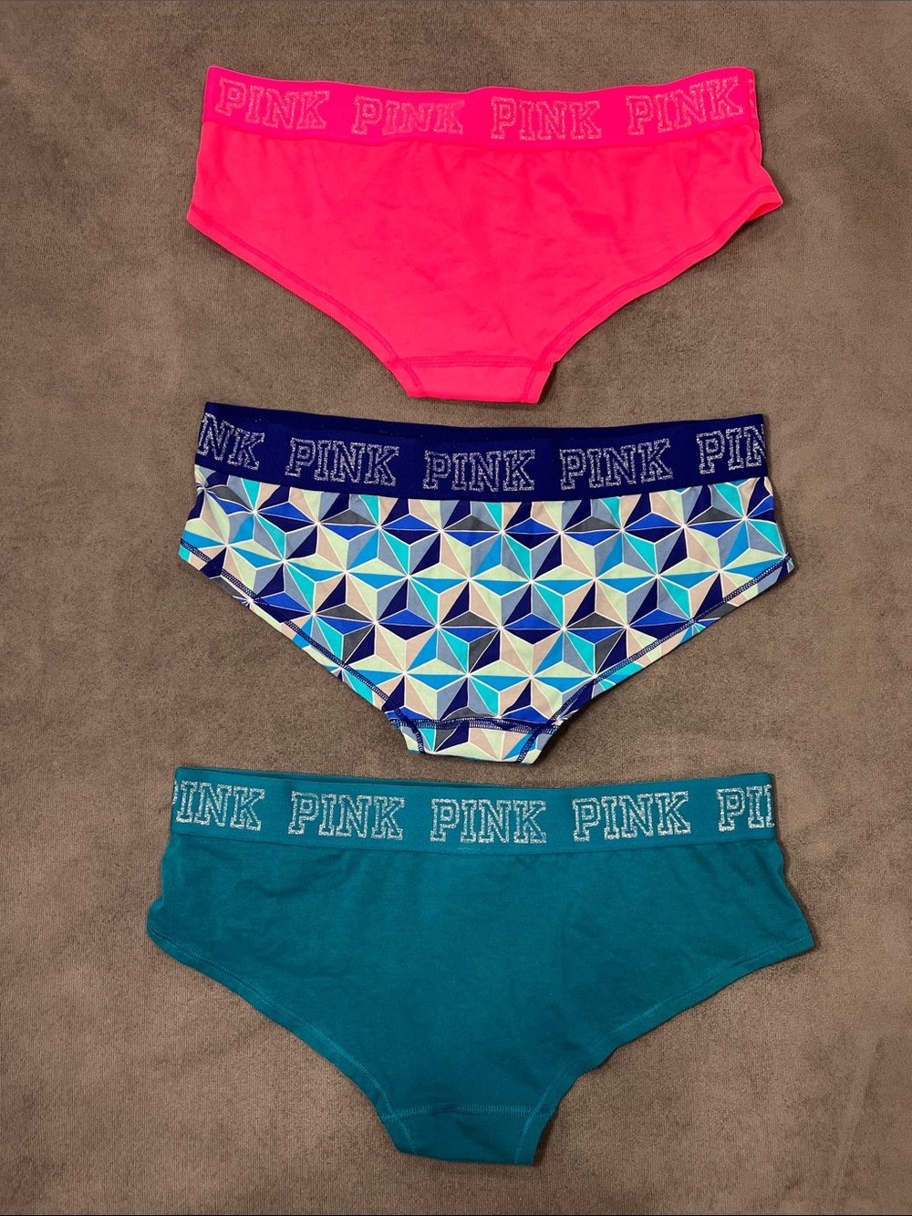 PINK Victoria's Secret 3-Pack Bikini Briefs - Hot Pink, Navy Geo, Teal MEDIUM - Picture 2 of 4